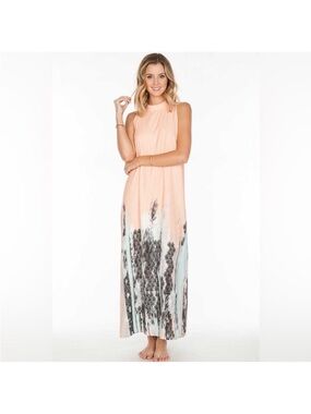Everly Peach Ombre Maxi Dress with Black and Light Blue Abstract Hem